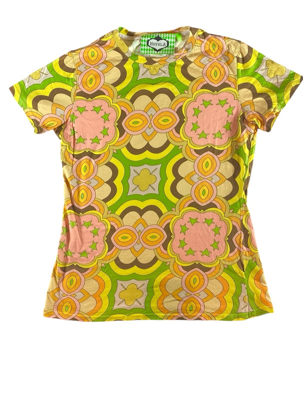 Nuvula Retro Mod Psychedelic Tee L Organic Cotton. Green Pink 70s Groovy Boho